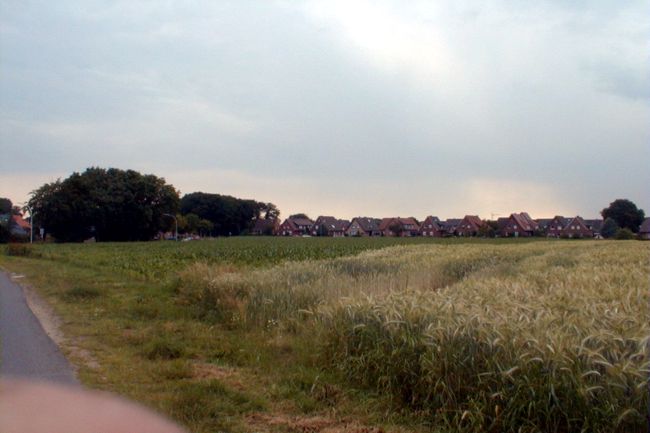 Blick ber groe Felder auf eine Wohnsiedlung