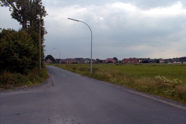 Blick ber eine groe Wiese auf eine Wohnsiedlung