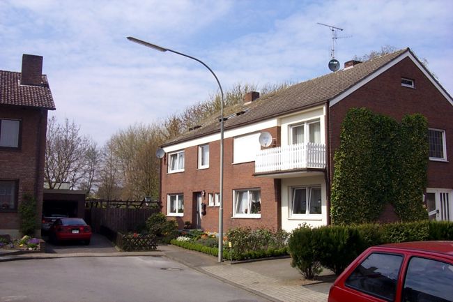 Bei diesem Doppelhaus ist ein Groteil der Giebelwand mit Efeu bewachsen
