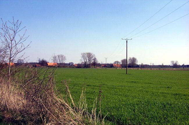 Hinter den Feldern sind mehrere Bauernhfe zu erkennen