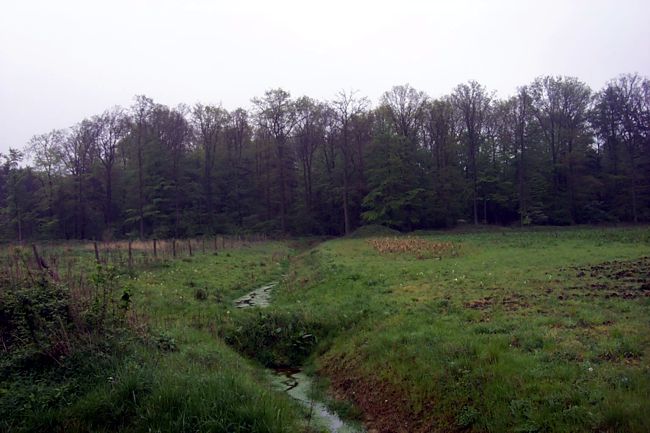 Ein Wassergraben zwischen den Feldern