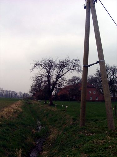 Ein Wassergraben zwische einem Feld und einem Bauernhof